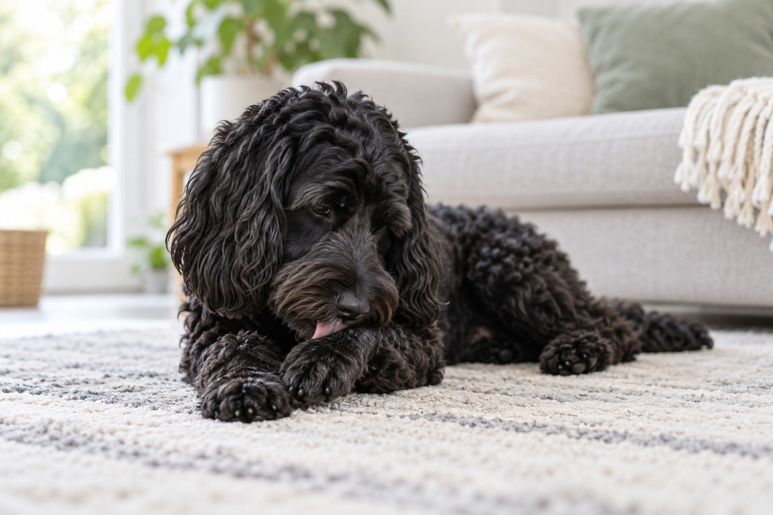 Black cockapoo gently licking its front paw at home
